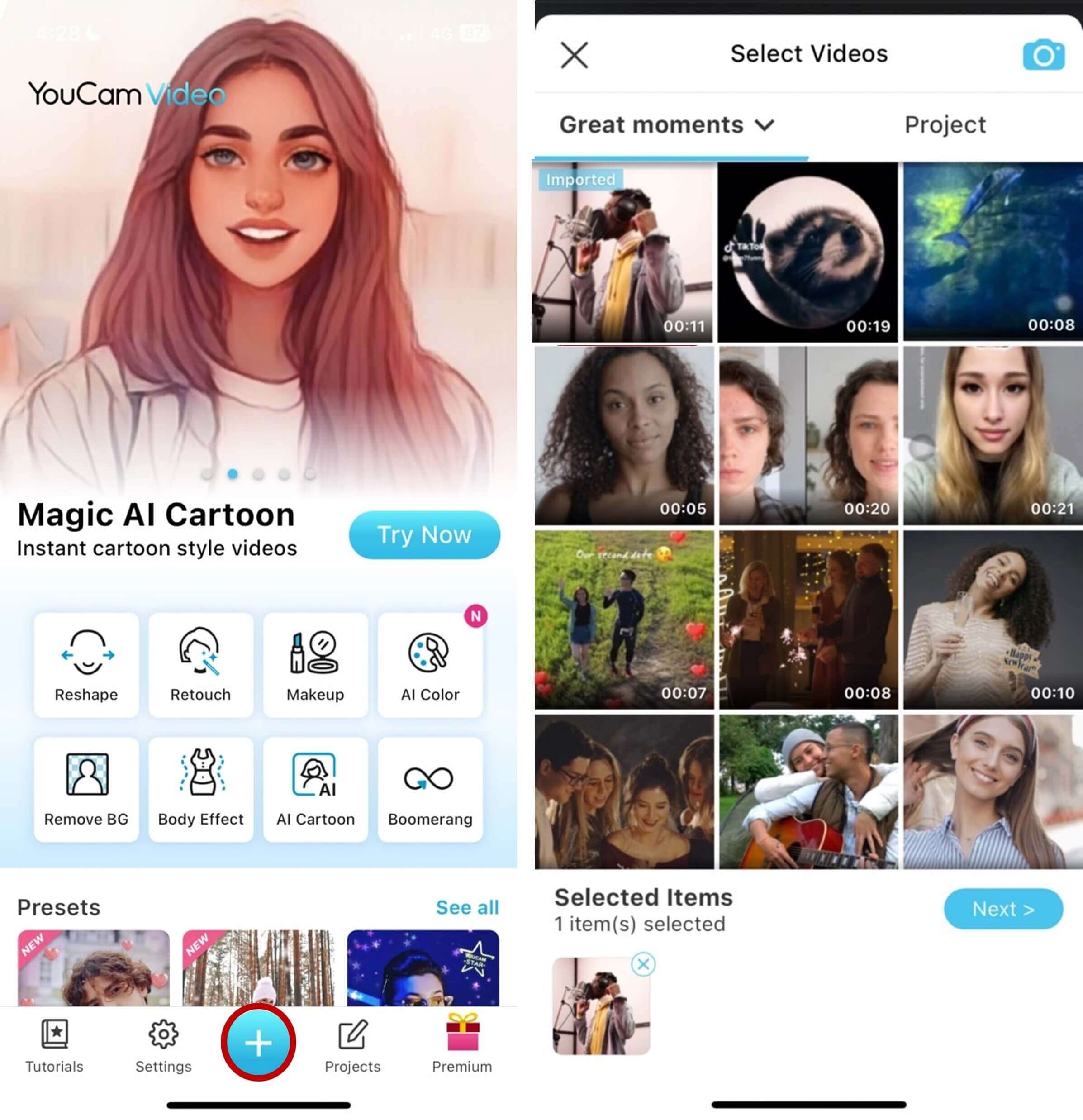 Screenshot der YouCam Video App, der das Importieren eines Videos zeigt.