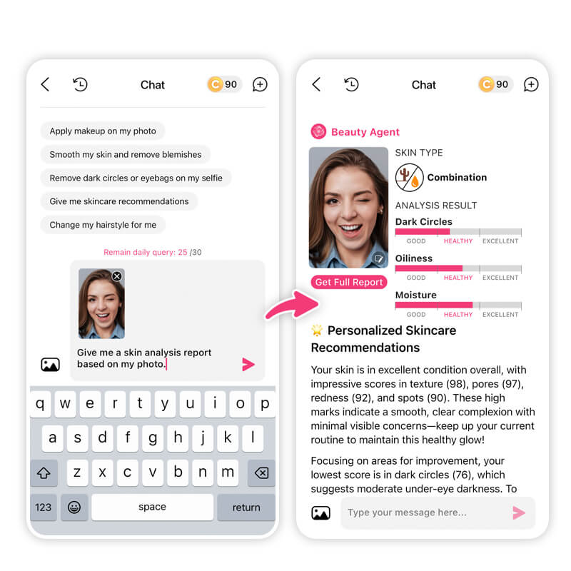 Get skincare recommendations tailored to your needs after AI skin analysis.