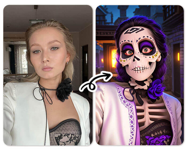 filtro de calavera que parece como del Dia de los muertos