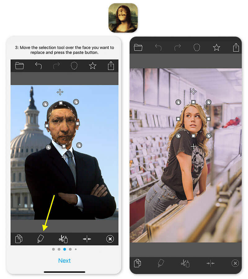 Aplicativo Faceover para edição de fotos com troca de rosto Interface do aplicativo Faceover, que permite colocar vários rostos em uma foto.