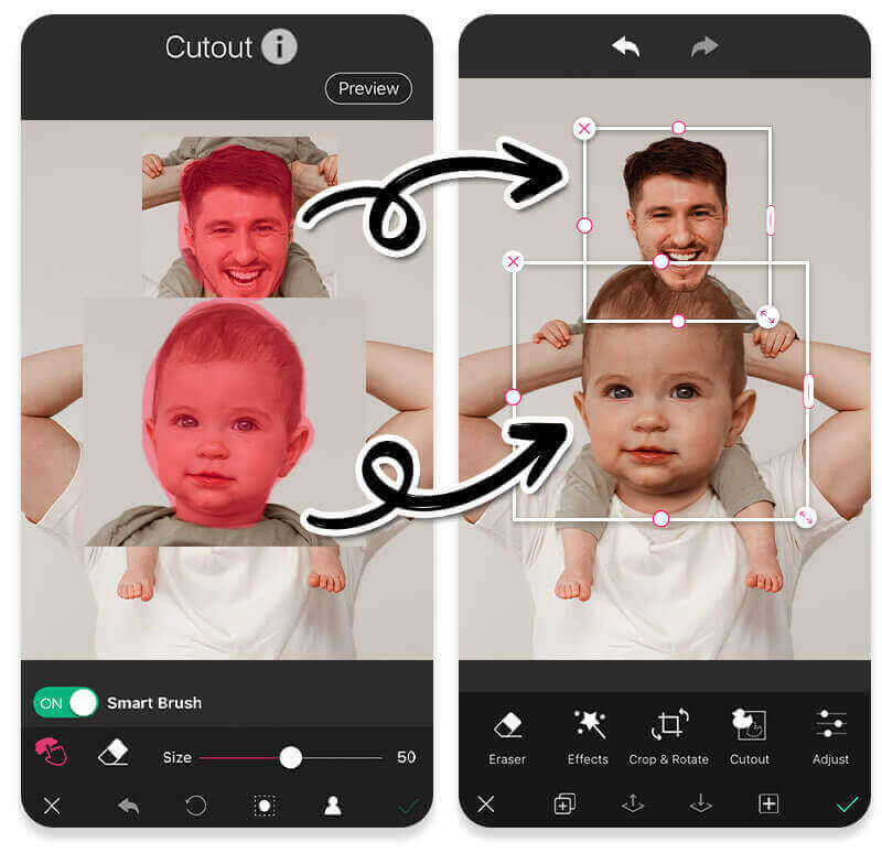 Recortar rosto para trocar em foto com YouCam Perfect Demonstração da ferramenta de recorte de rosto no aplicativo YouCam Perfect.