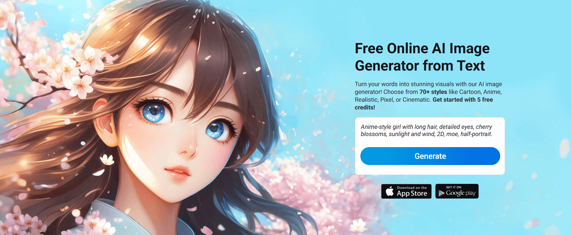 Página do gerador de imagem IA online e gratuito, o YouCam Online Editor, exibindo uma arte em estilo anime de uma garota com flores de cerejeira criada a partir de um prompt de texto.