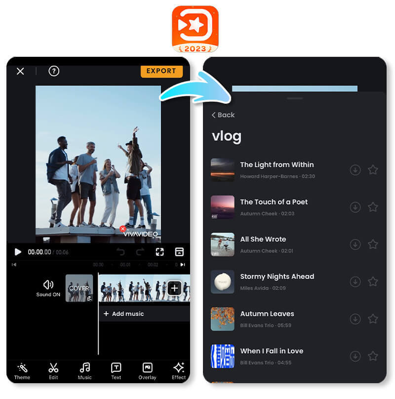 Adding a vibrant pop song to a vlog using the Viva Video app on an iPhone.