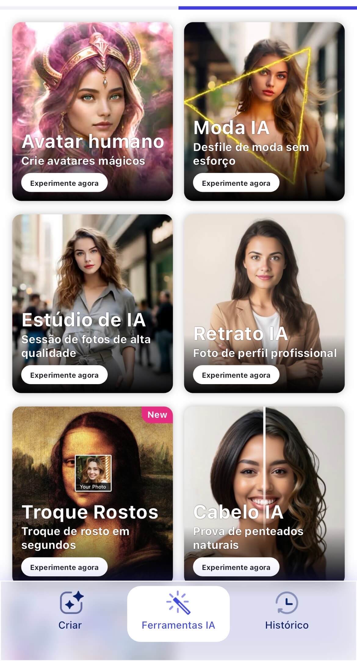 Recursos criativos de inteligência artificial no YouCam AI Pro, incluindo o criador de Avatar Humano, Moda IA, Estúdio de IA para sessões de fotos e a ferramenta de Retrato IA para perfil profissional.