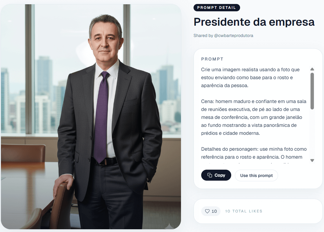 Exemplo de prompt de IA do site Banana Prompts para criar um retrato corporativo realista de um presidente de empresa em seu escritório usando uma foto como referência.