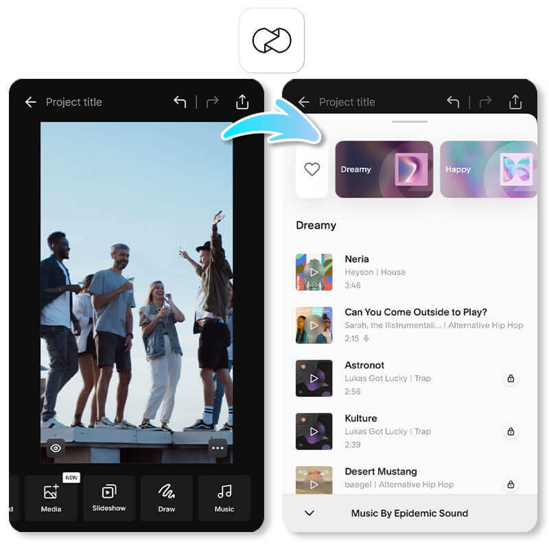 Exploring the trendy music library in the Unfold app to add a song to an Instagram Story.