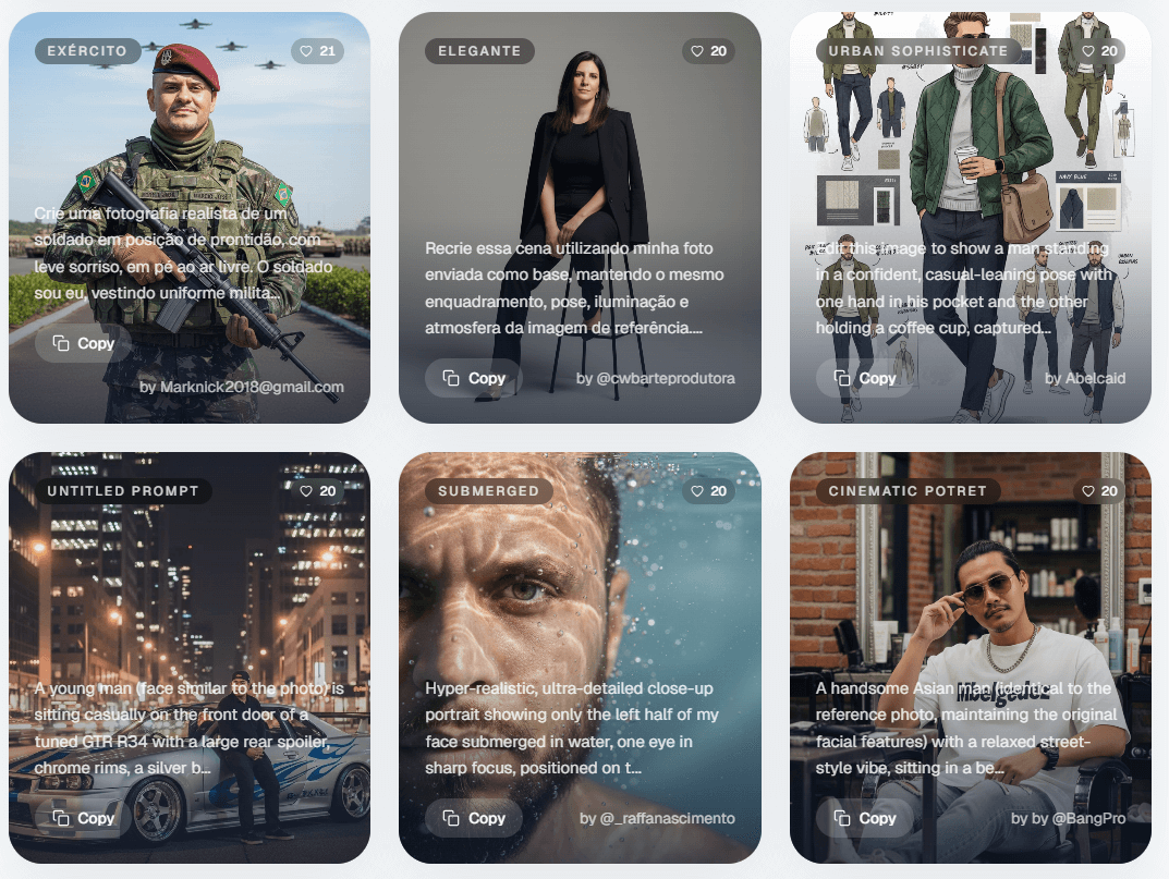 Interface da página 'Explorar' do site bananaprompts.xyz, exibindo uma galeria de prompts de IA para inspirar a criação de imagens, incluindo exemplos para gerar retratos realistas, fotos de moda e arte conceitual.