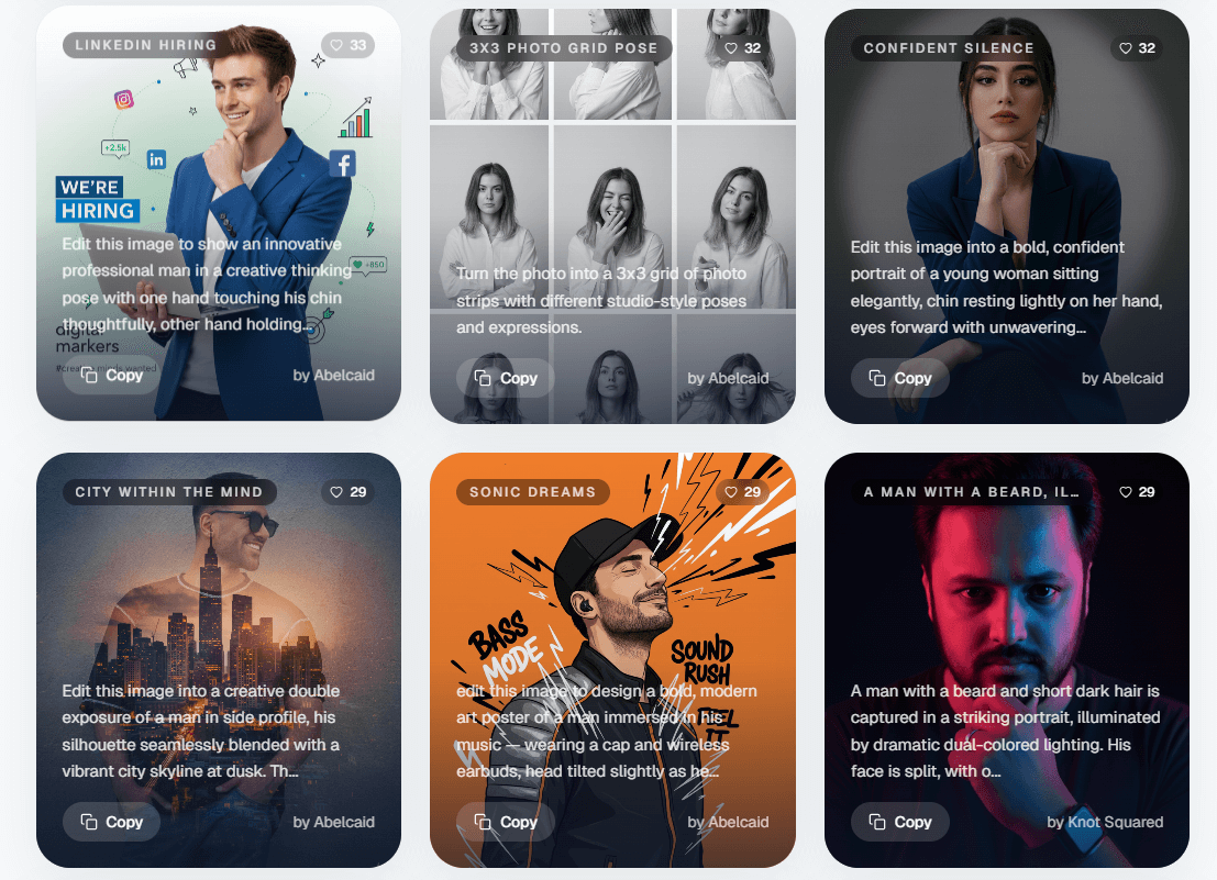 Galeria com exemplos de prompts de IA criativos do site Banana Prompts, mostrando ideias para gerar retratos profissionais, grades de fotos e arte moderna com IA.