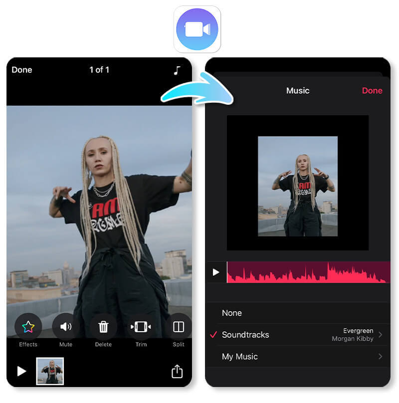 A user adding background music to an iPhone video using the free Clips app.