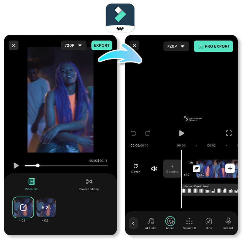 Using Filmora's extensive cinematic music library to edit a video on an iPhone.