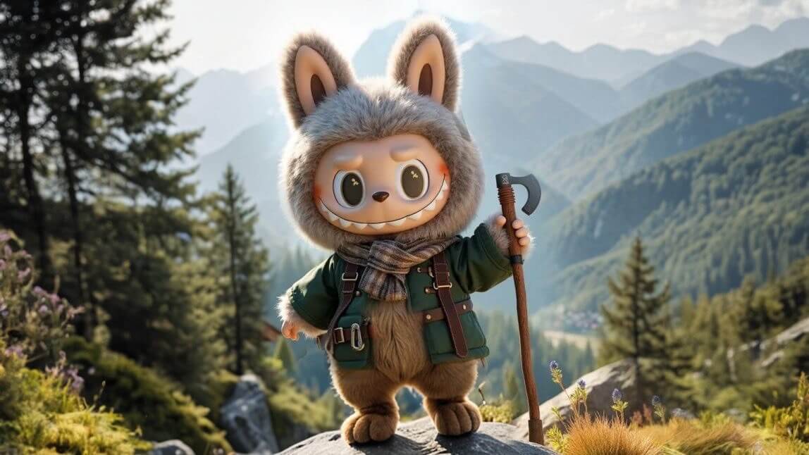 Ein mit KI generierter Labubu als Wanderer in den Bergen, der die kreativen Möglichkeiten eines Labubu Generators zeigt.