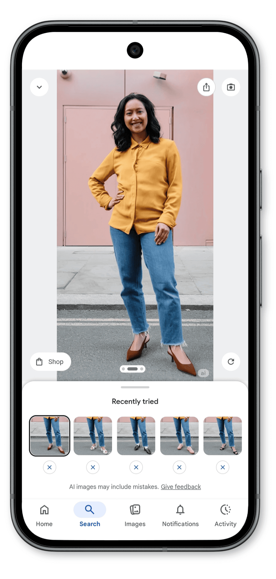 Screenshot of Google’s AI virtual shoe try-on feature in Google Shopping
