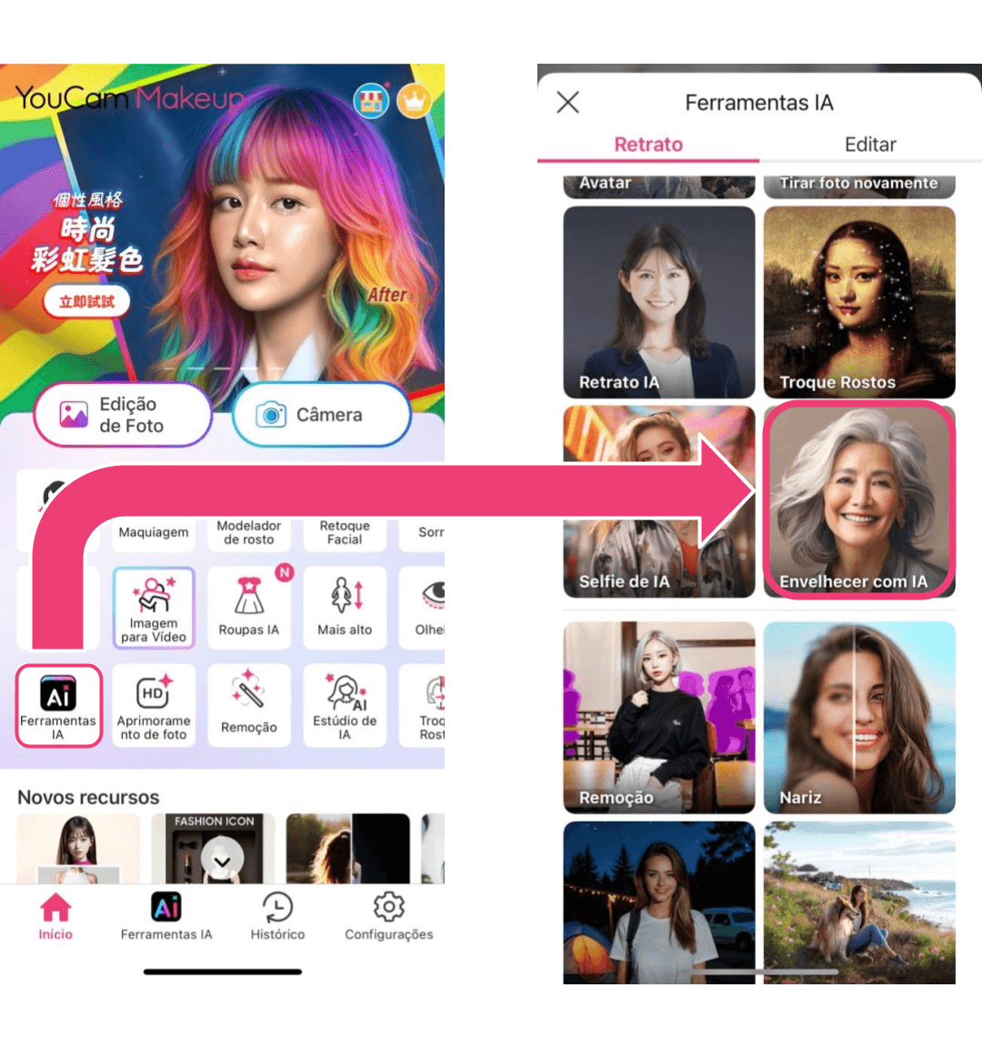 Menu do app YouCam Makeup com a opção Envelhecer com IA destacada.