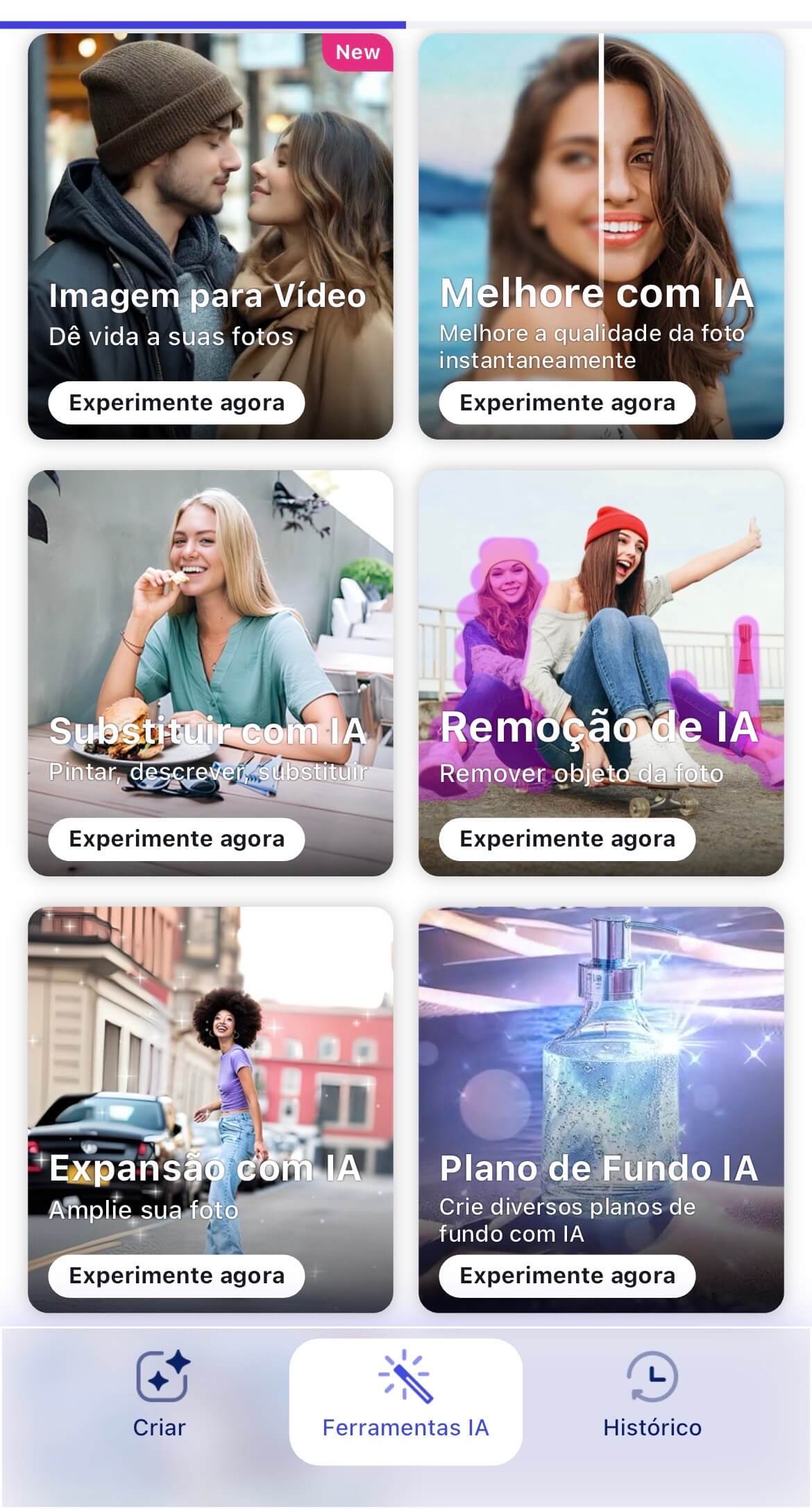 Tela de Ferramentas IA do aplicativo YouCam AI Pro em português, exibindo recursos como Melhorar com IA, Remoção de Objeto, Expansão de Imagem e Plano de Fundo IA.