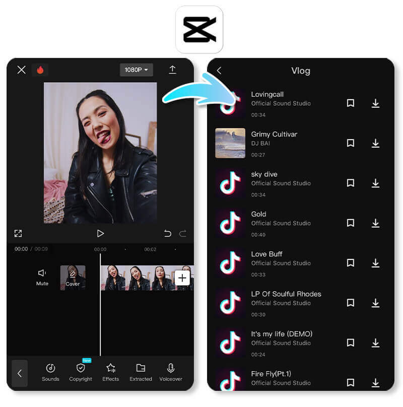 Adding a trending song to a TikTok video using the Capcut app on an iPhone.