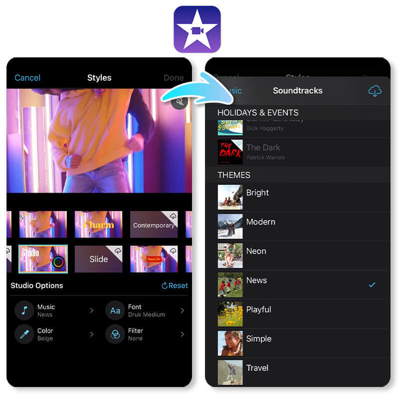 Add Music Using iMovie: Apple’s Advanced Editor for Professionals The iMovie app interface on an iPhone, illustrating the process of adding a soundtrack to a video project timeline.