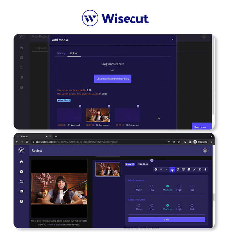 KI-Video-Editor: Wisecut Screenshot der Wisecut Software, die Videos automatisch kürzt.