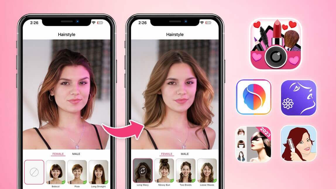 Test einer kostenlosen Frisuren-App am Handy, die zeigt, wie man virtuell Frisuren von einem Bob zu langen Haaren wechselt, im Vergleich zu anderen Hairstyle-Apps.