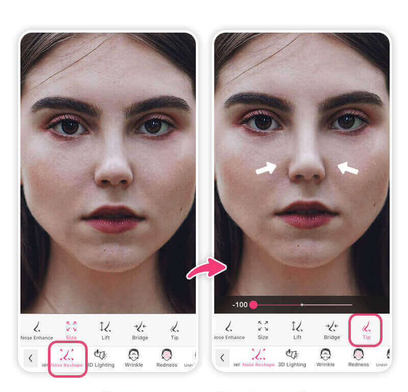Adjust nose size and tip with nose reshaper app