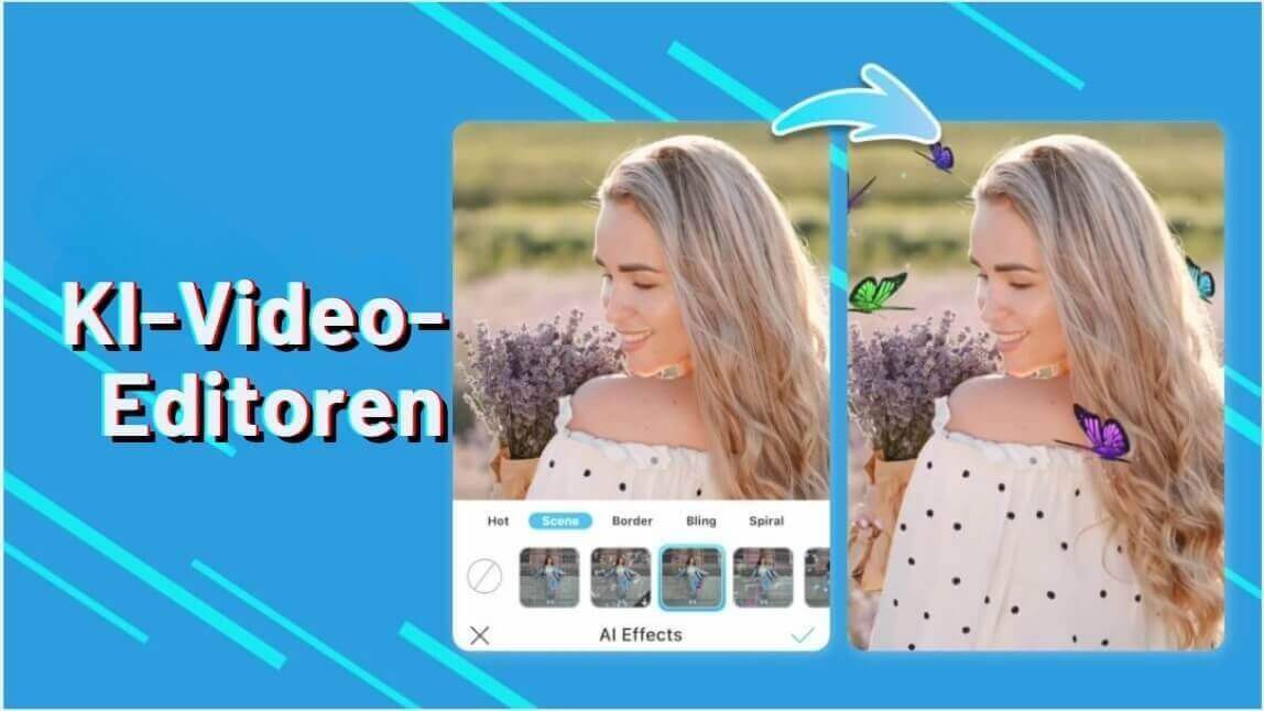 KI-Video-Editoren für kreative Videobearbeitung: Vorher-Nachher-Effekt mit einer lächelnden Frau, Lavendelstrauß und bunten Schmetterlingen.