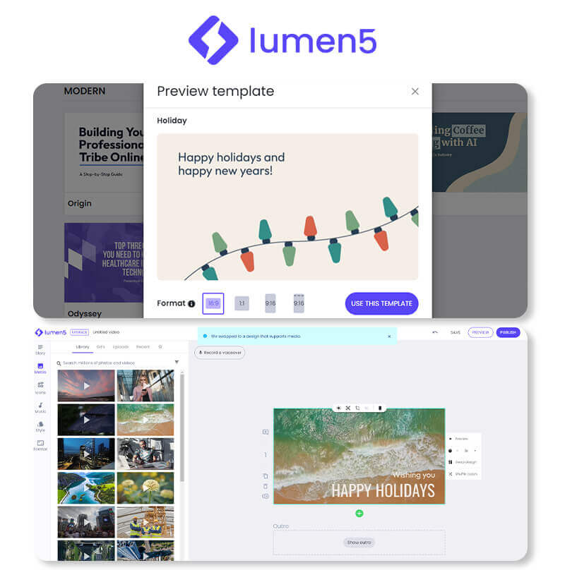 KI-Video-Editor: lumen5 Screenshot der Lumen5 Software, die Text in Videos umwandelt.