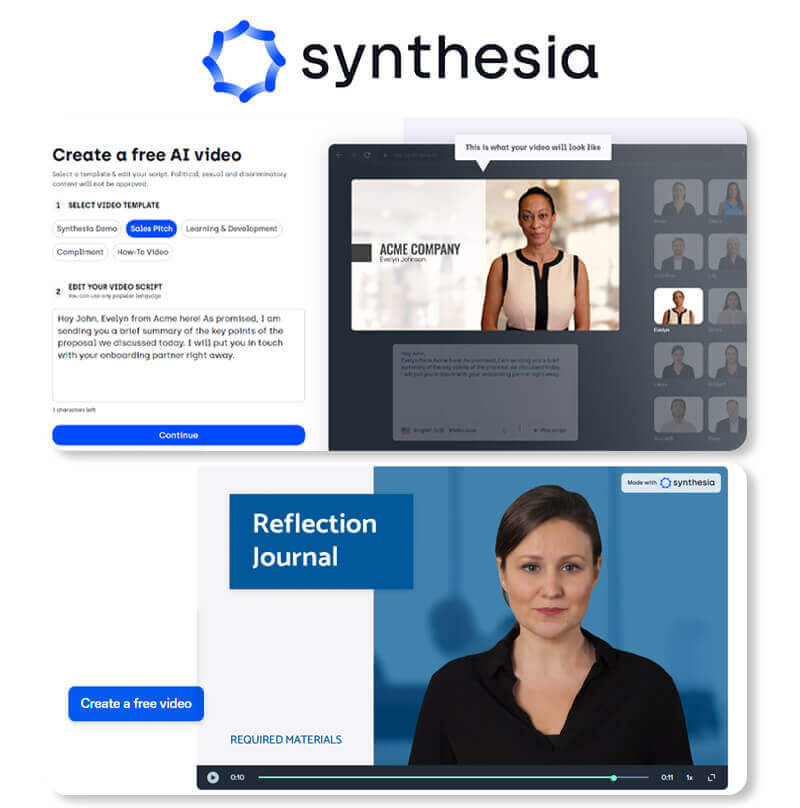 KI-Video-Generator: Synthesia Screenshot der Synthesia Software zur Erstellung von Videos mit KI-Avataren.