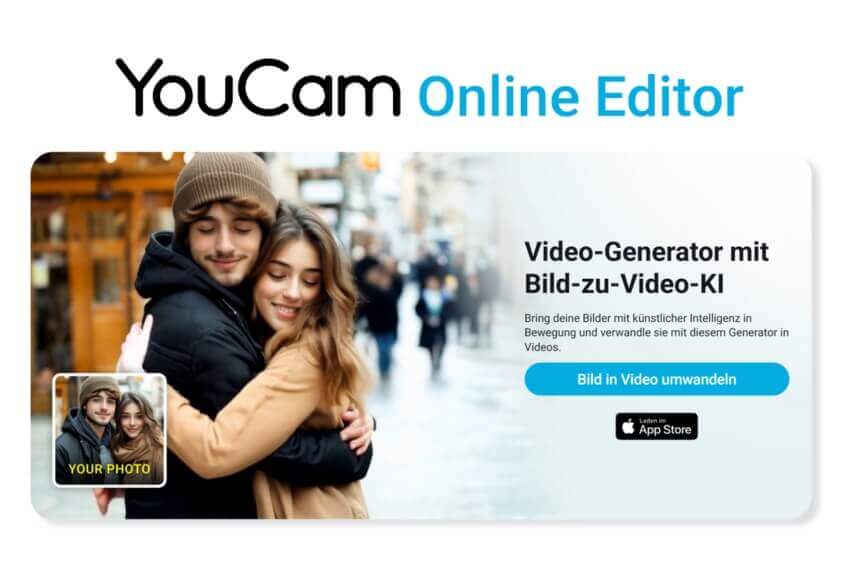 KI-Video-Editor: YouCam Online Editor Screenshot des YouCam Online Editors zur Erstellung von Bild-zu-Video Animationen.
