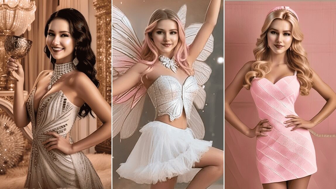 Collage aus drei KI-Freundinnen in verschiedenen Stilen: links als elegante Frau im Abendkleid, in der Mitte als Fee mit Flügeln und rechts als blonde Frau im pinken Kleid.