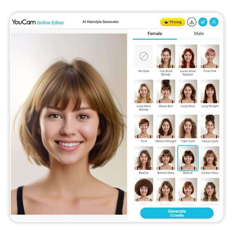YouCam Online Editor: Frisuren online testen Screenshot des YouCam Online Editors, der eine Frau mit einer virtuell getesteten Frisur zeigt.