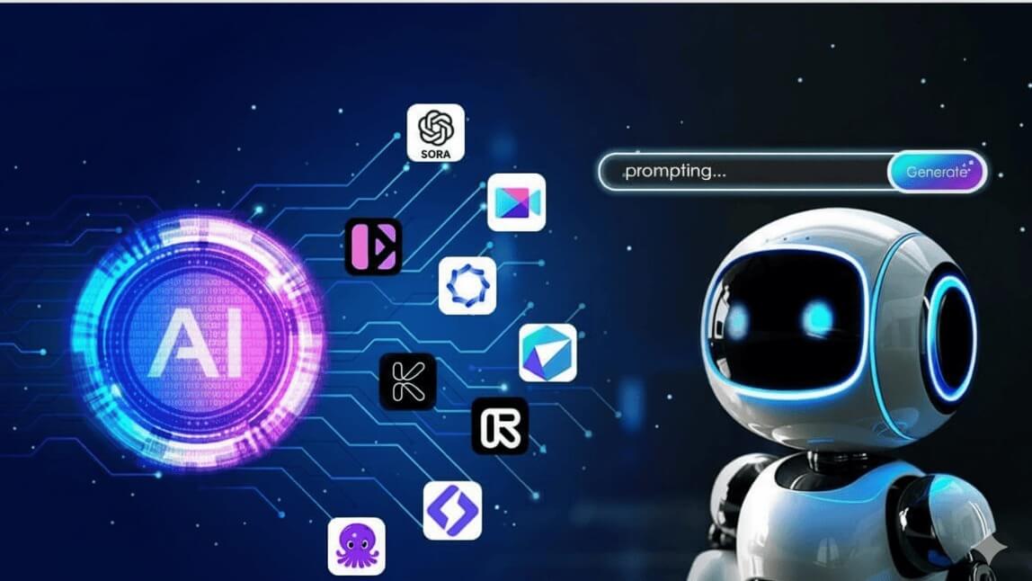 Um robô de IA futurista ao lado de ícones de ferramentas de geração de vídeo, como Sora, e uma barra de progresso de "prompting", ilustrando o conceito de criar vídeos com inteligência artificial.