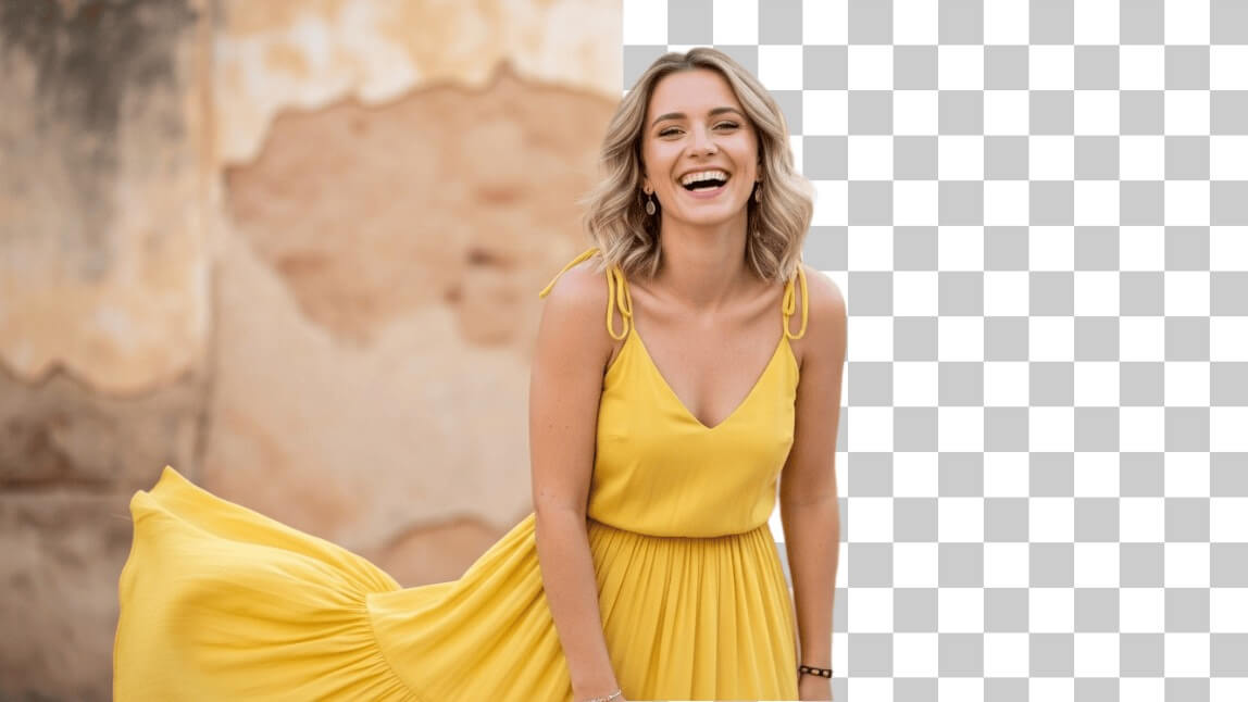 Mulher sorrindo com o fundo da imagem sendo removido para mostrar um fundo transparente, demonstrando a função de remover fundo do YouCam Enhance.