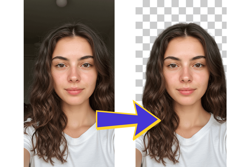 Mulher sorrindo com o fundo da imagem sendo removido para mostrar um fundo transparente, demonstrando a função de remover fundo do YouCam Enhance.