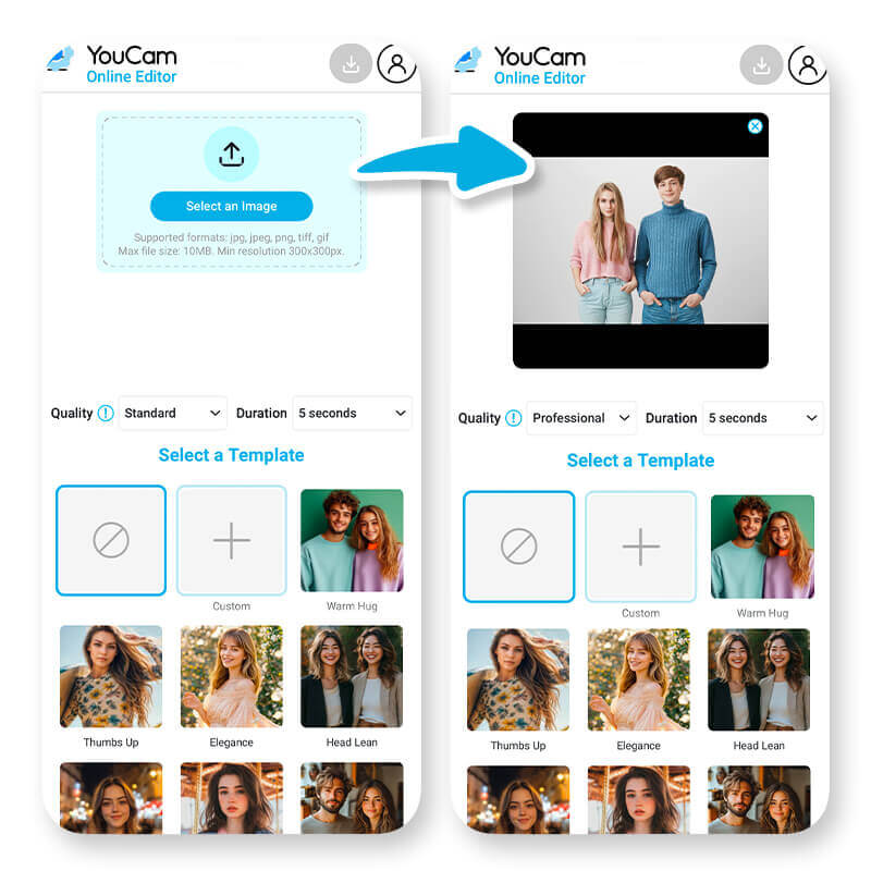 Nutzeroberfläche des YouCam Online Editors zum Hochladen eines Fotos und Auswählen einer KI-Videovorlage