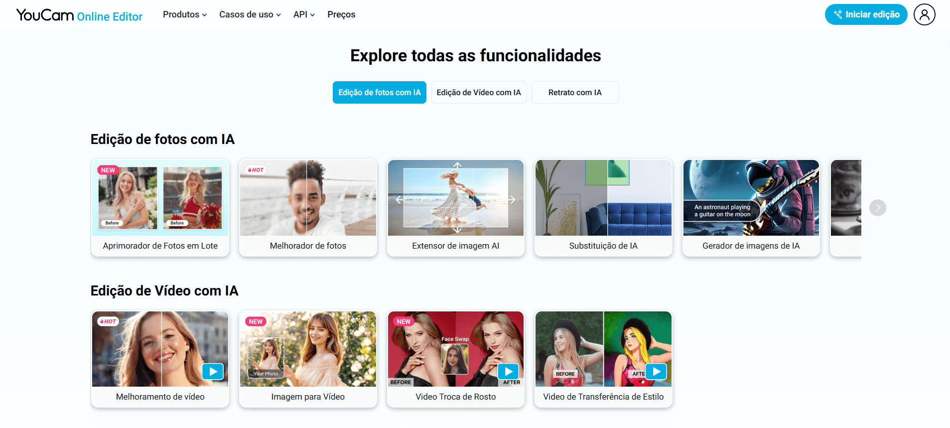 Página inicial do YouCam Online Editor