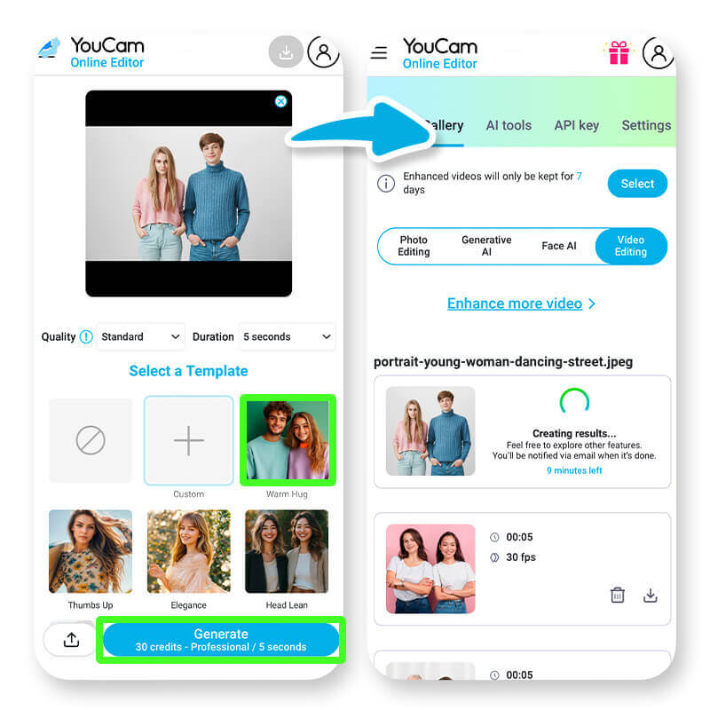 Schritt-für-Schritt-Ansicht im YouCam AI Hug Generator: Bildauswahl, Vorlagenauswahl und Videoerstellung