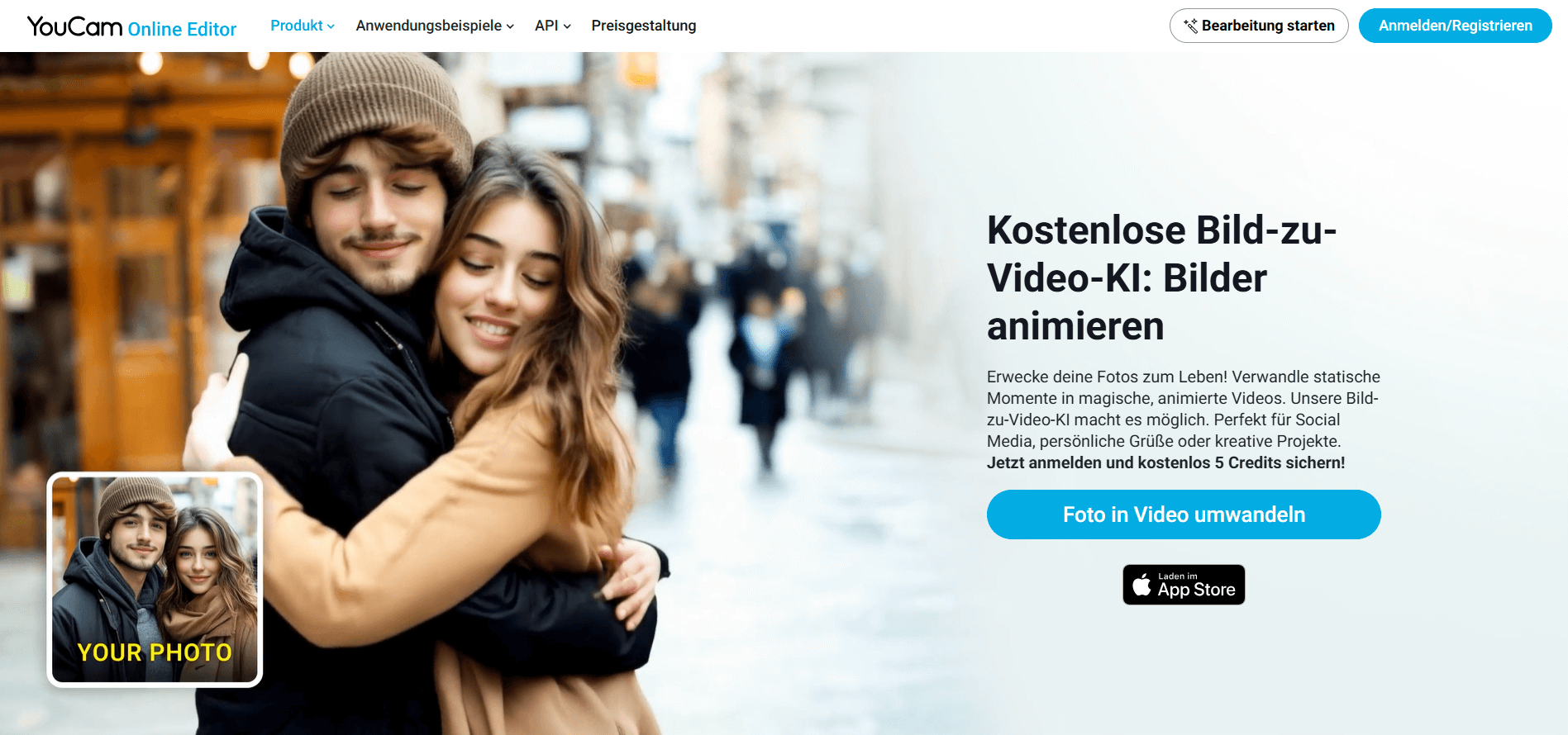 Screenshot von YouCam Online Editor: Auf dem Bild der Startseite umarmen sich zwei Personen