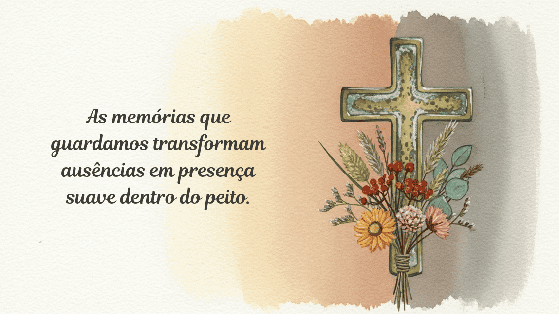 Homenagem de Dia de Finados com a frase 'As memórias que guardamos transformam ausências em presença suave dentro do peito', ilustrada por uma cruz com flores.