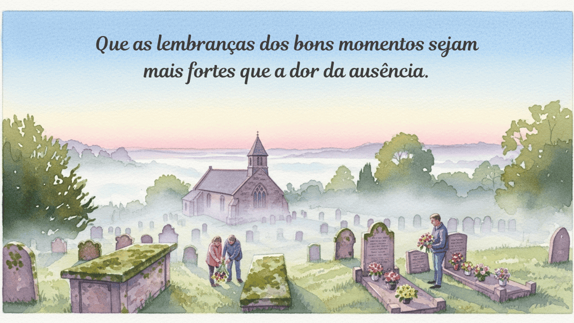 Imagem com frases para o Dia de Finados. A ilustração mostra pessoas homenageando entes queridos em um cemitério, com a mensagem de conforto 'Que as lembranças dos bons momentos sejam mais fortes que a dor da ausência'.