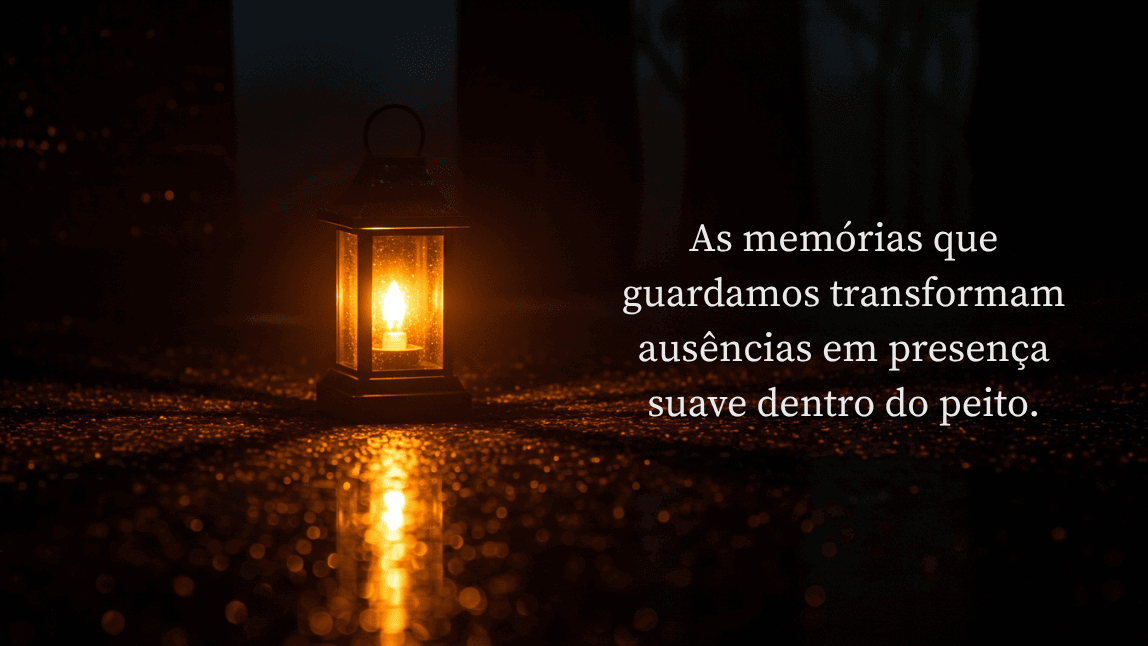 Imagem de luto para o Dia de Finados com a frase 'As memórias que guardamos transformam ausências em presença suave dentro do peito' e uma lanterna acesa na escuridão.