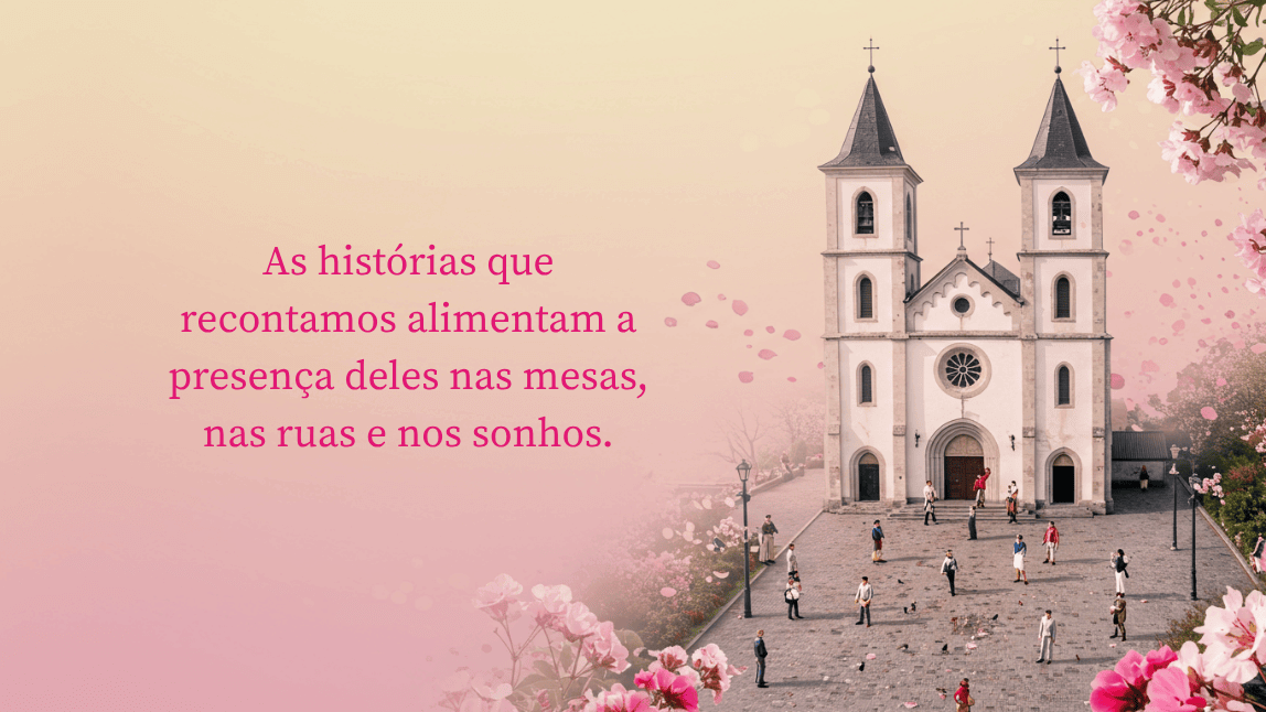 Homenagem para o Dia de Finados com a frase 'As histórias que recontamos alimentam a presença deles...' e a ilustração de uma igreja.