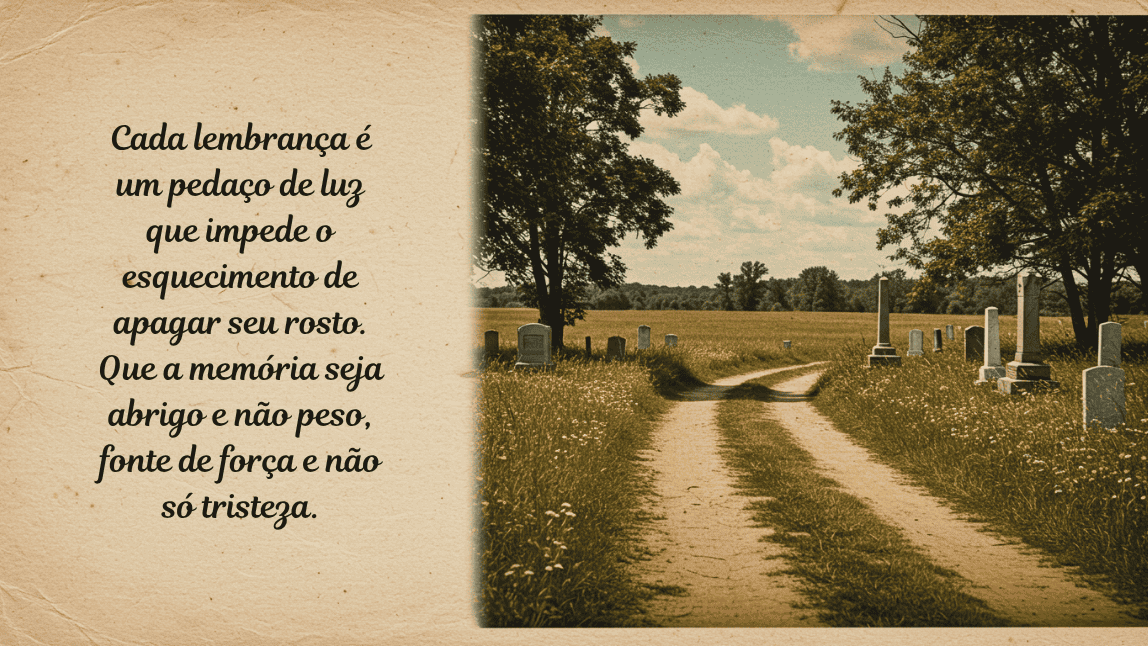 Imagem de conforto para o Dia de Finados com a frase 'Que a memória seja abrigo e não peso, fonte de força e não só tristeza', mostrando um cemitério em estilo vintage.