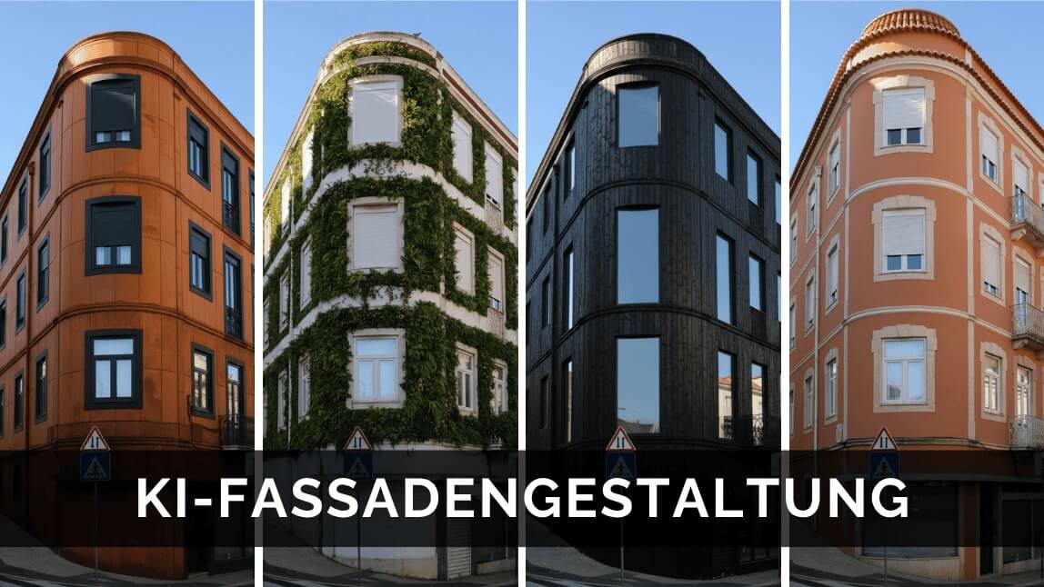 Collage mit vier verschiedenen Fassadengestaltung Ideen, die mit KI erstellt wurden.