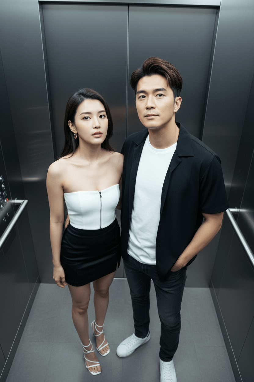 AI 情侶電梯合照 Gemini合成照片-免費AI合照生成指令-AI偶像合照電梯