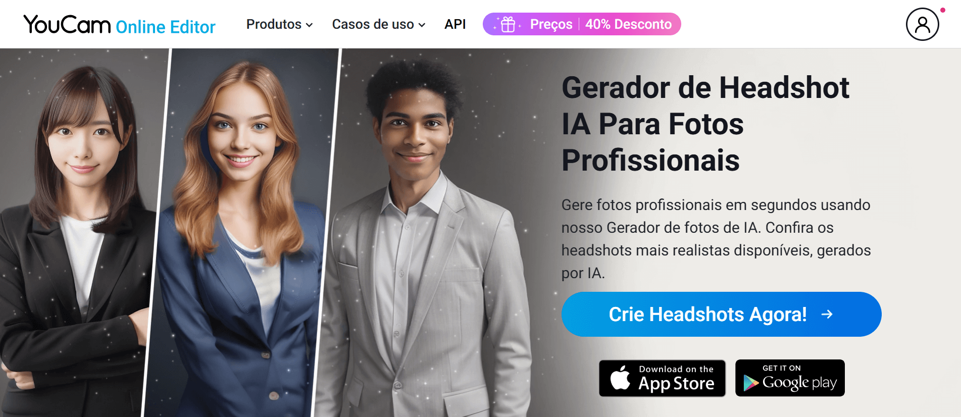 YouCam Online Editor: Gerador de Foto Profissional Online Interface do YouCam Online Editor, uma ferramenta online para gerar foto profissional com IA.