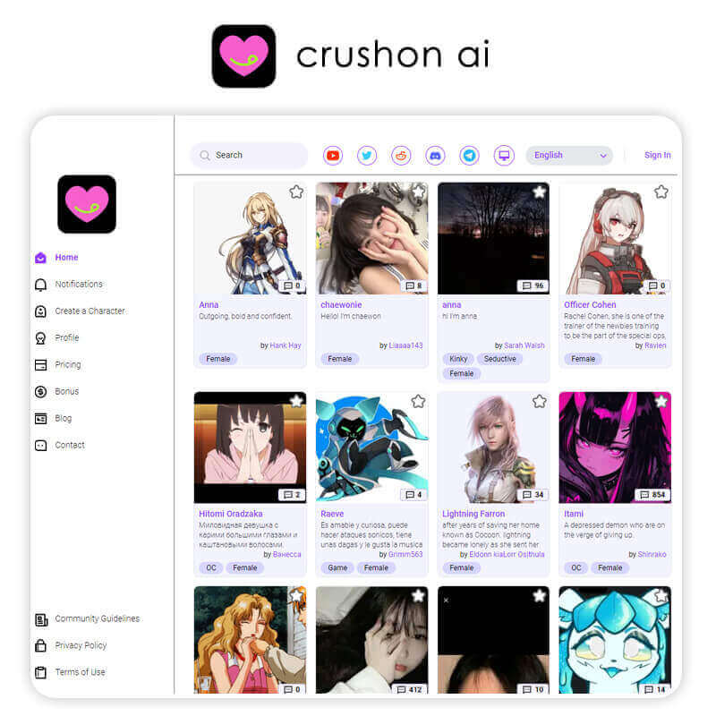 Crushon.AI: Roleplay e chat com Namoradas IA App Crushon.AI para chat e roleplaying com diversas namoradas ia.