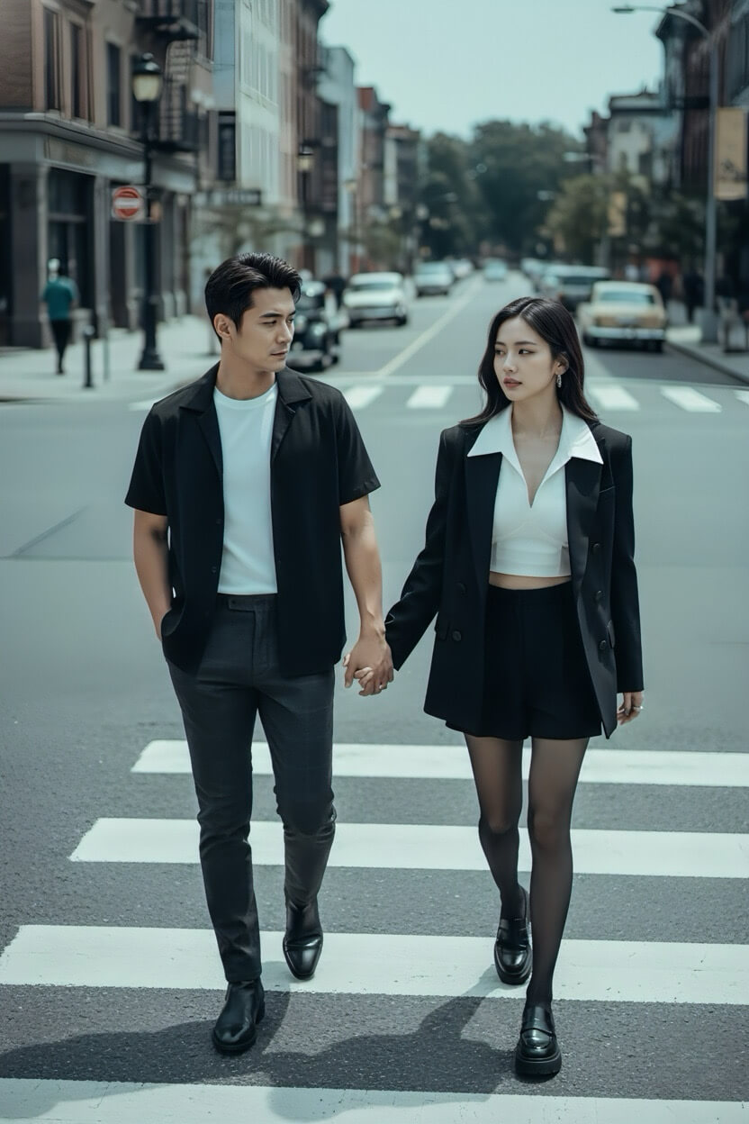 斑馬線時尚情侶照 Gemini合成照片-免費AI合照生成指令-AI偶像合照電梯