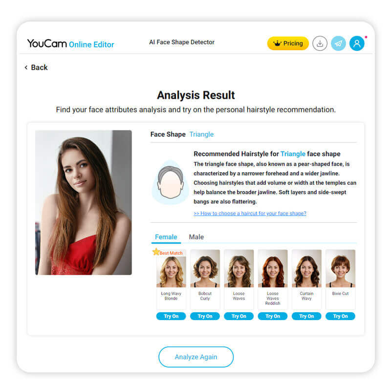 Eine Frau nutzt den online Gesichtsform-Test, um ihre Gesichtsform zu bestimmen und Frisuren-Empfehlungen zu erhalten.