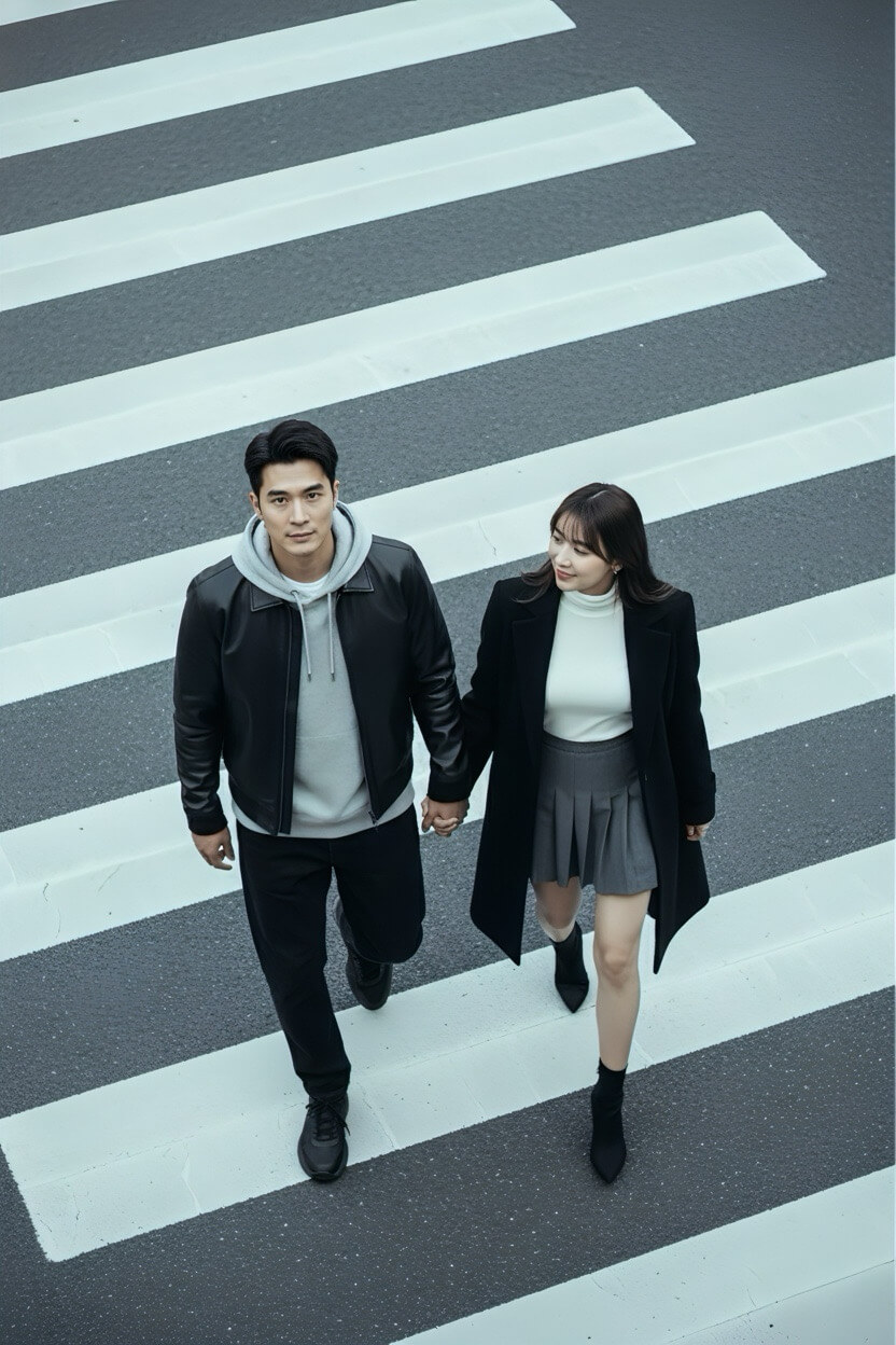 斑馬線時尚情侶照 Gemini合成照片-免費AI合照生成指令-AI偶像合照電梯