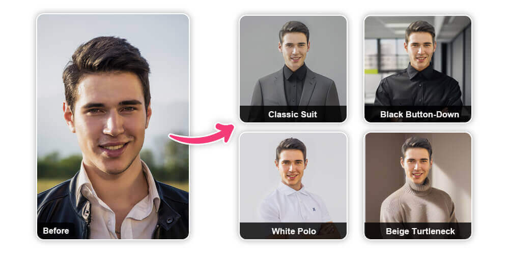 Opções de foto profissional com IA para homens Estilos masculinos para foto profissional gerada por IA no YouCam Makeup, incluindo opções de terno e blazer.