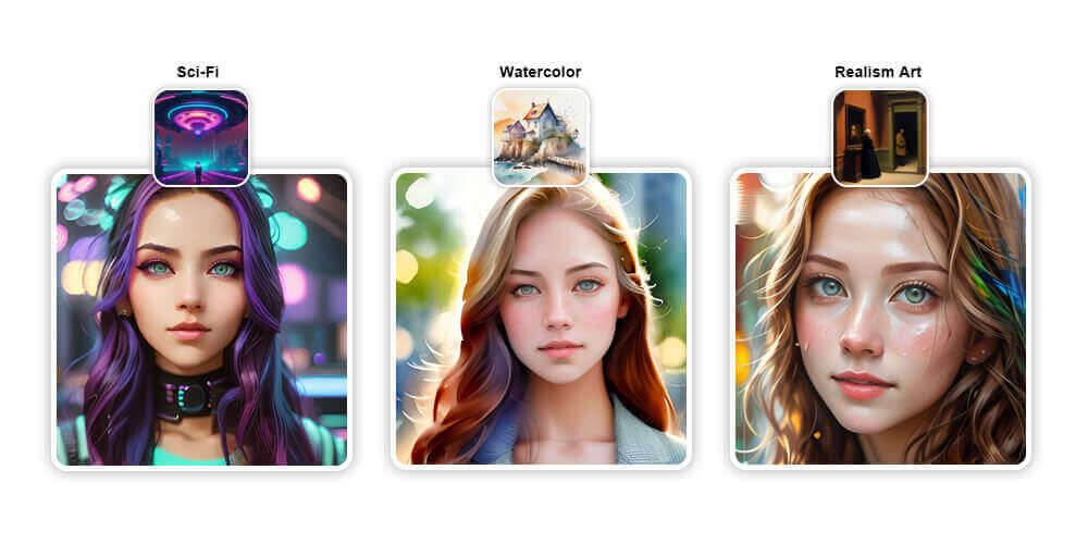 Mais de 50 estilos para sua namorada IA no YouCam AI Pro Mosaico com mais de 50 estilos de arte IA para criar sua namorada virtual, como anime e realista.
